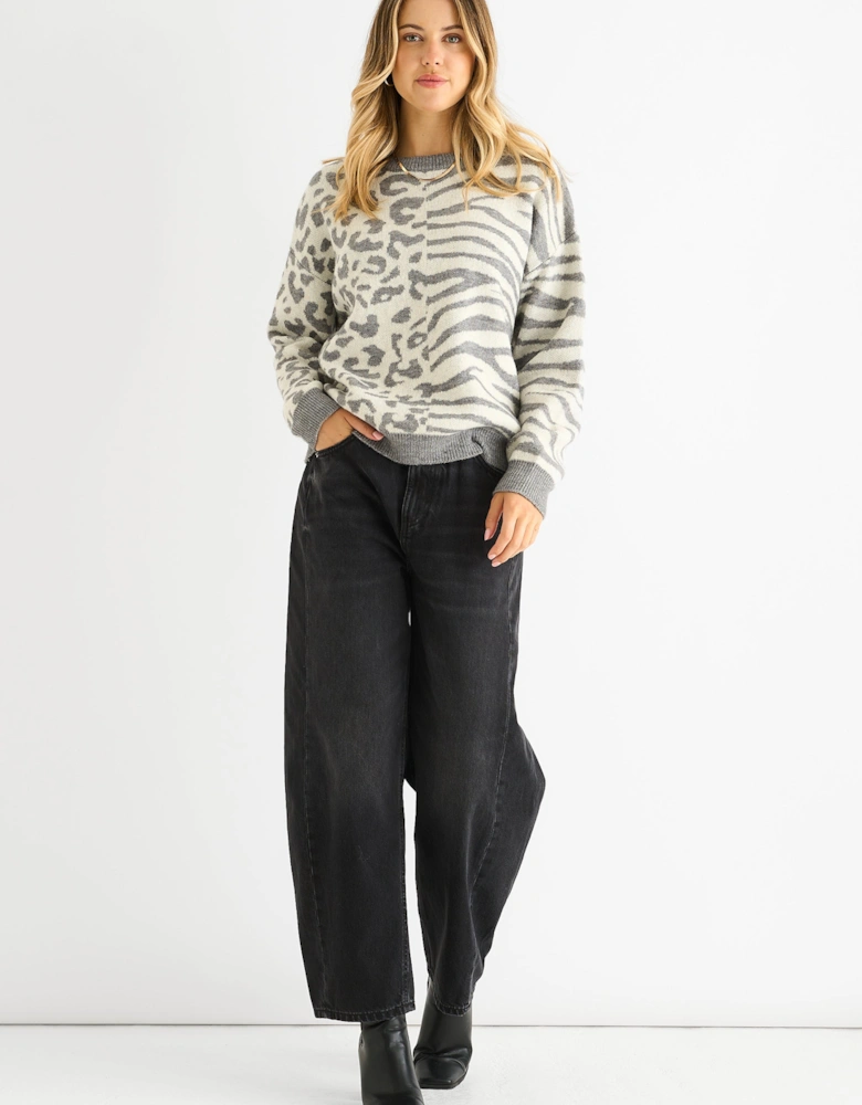 Grey Contrast Zebra Animal Knit Jumper