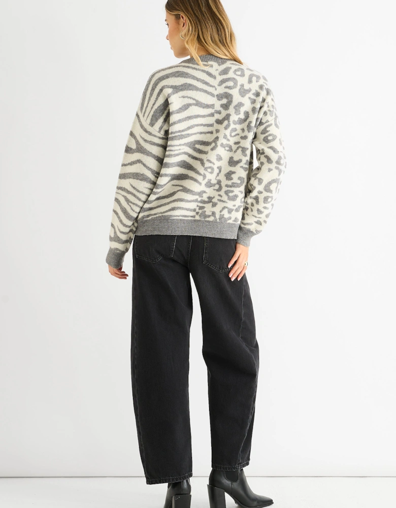 Grey Contrast Zebra Animal Knit Jumper