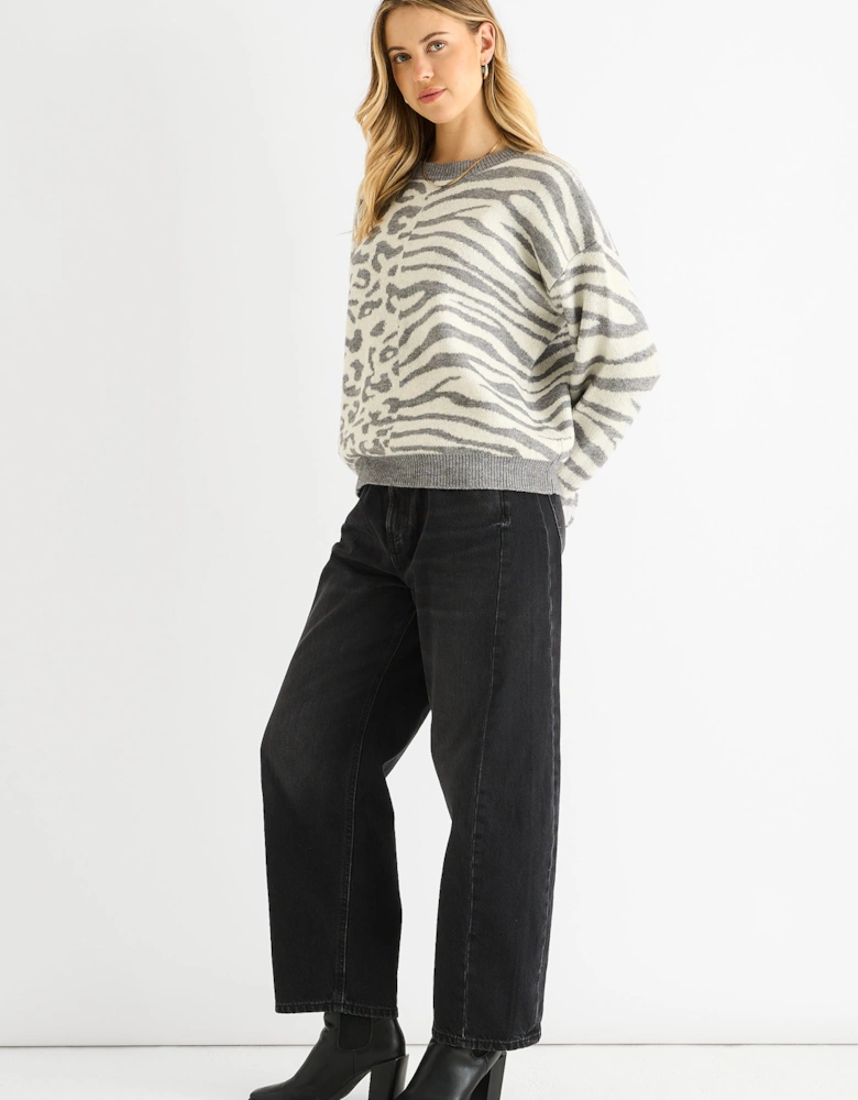 Grey Contrast Zebra Animal Knit Jumper