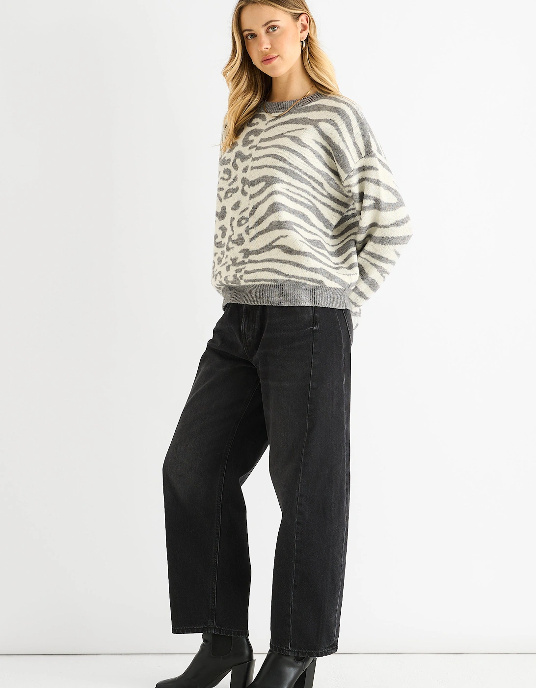 Grey Contrast Zebra Animal Knit Jumper