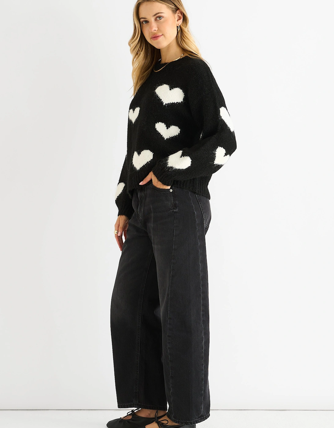 Black Contrast Heart Oversized Knit Jumper