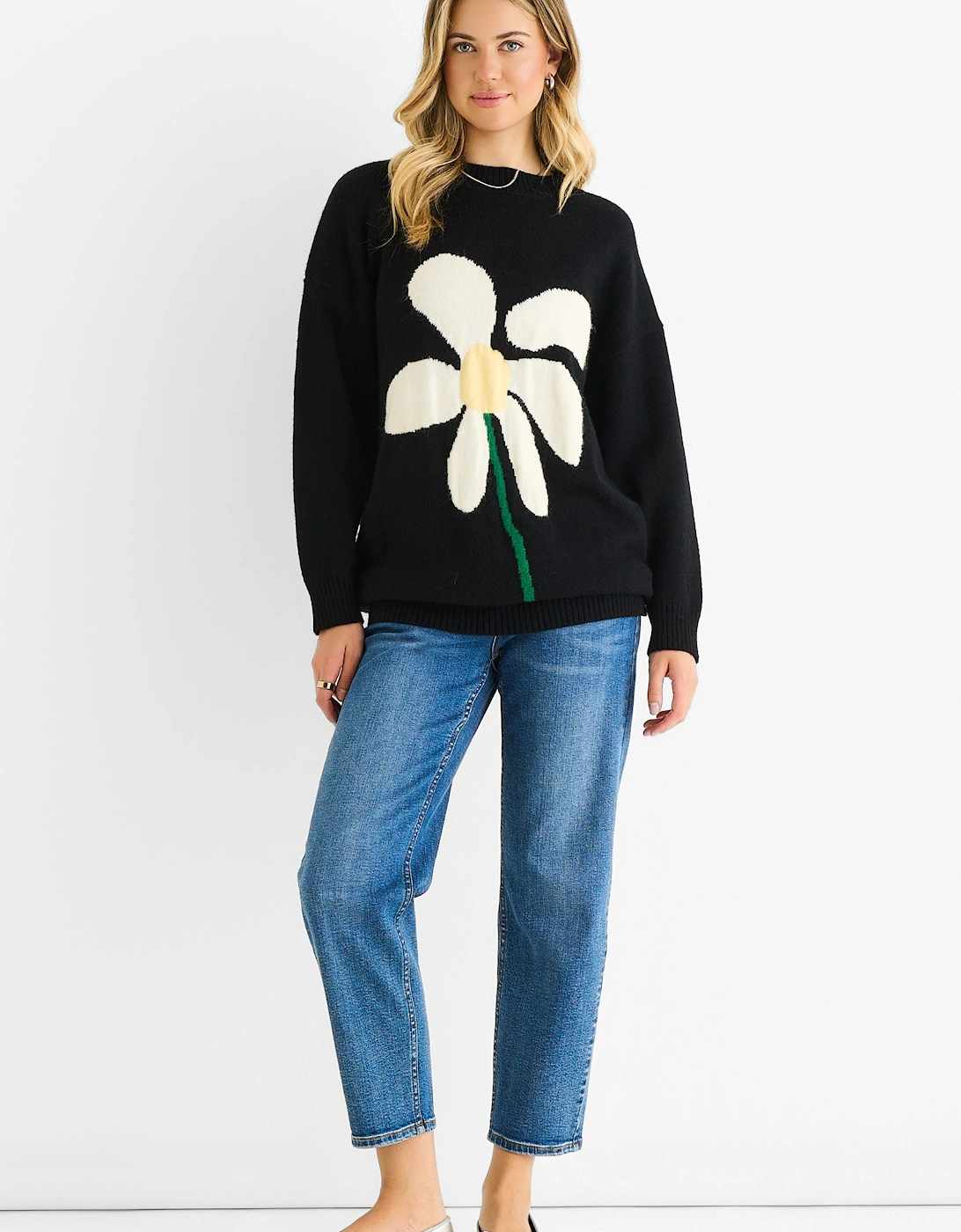 Gini London Women's Black Paint Flower Knit Oversized Long Jumper - Size: 8/10