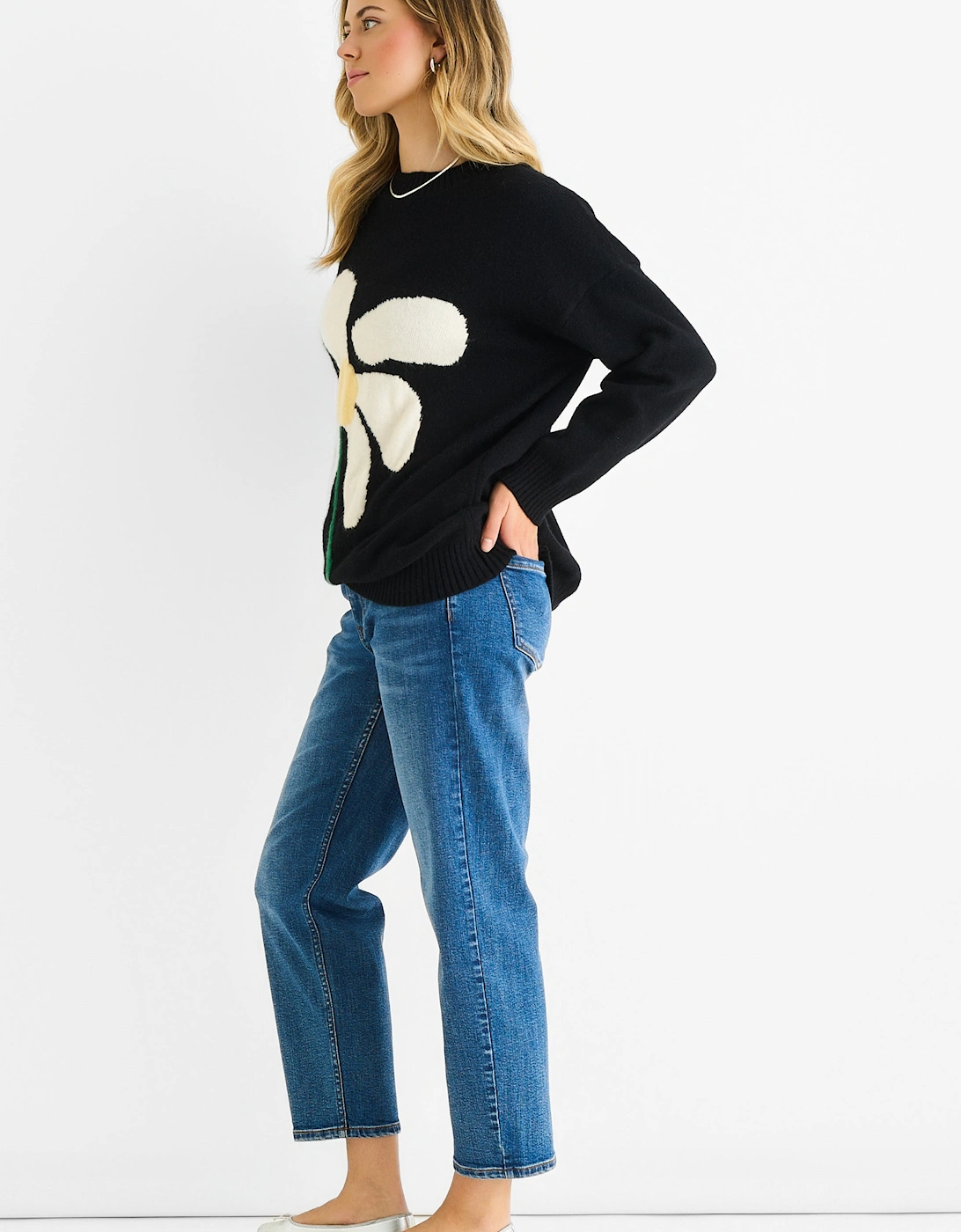 Black Paint Flower Knit Oversized Long Jumper