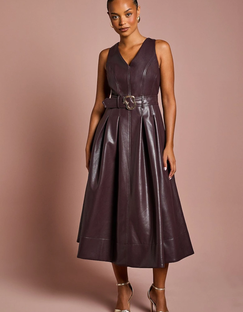 Petite V Neck Sleeveless PU Dress With Belt