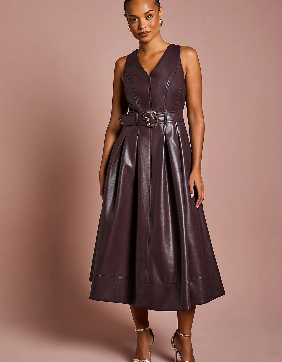 Petite V Neck Sleeveless PU Dress With Belt, 2 of 1