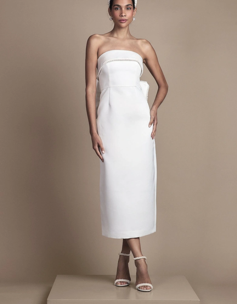 Pearl Trim Bandeau Column Bridal Dress With Bow