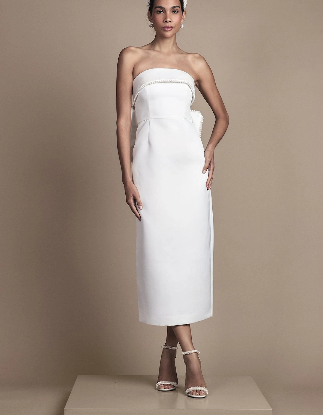 Pearl Trim Bandeau Column Bridal Dress With Bow, 2 of 1