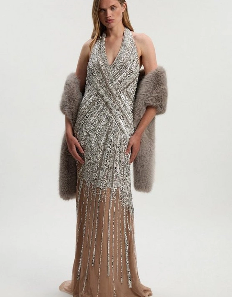 Metallic Embellished And Beaded Halter Maxi Dress
