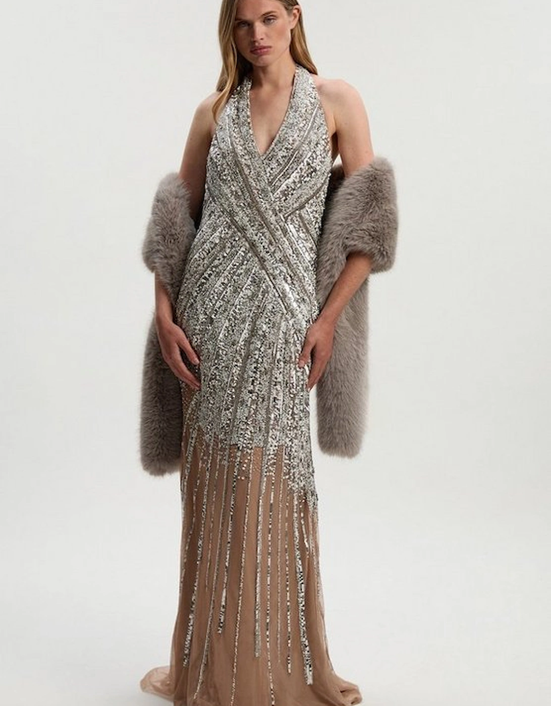 Metallic Embellished And Beaded Halter Maxi Dress, 2 of 1