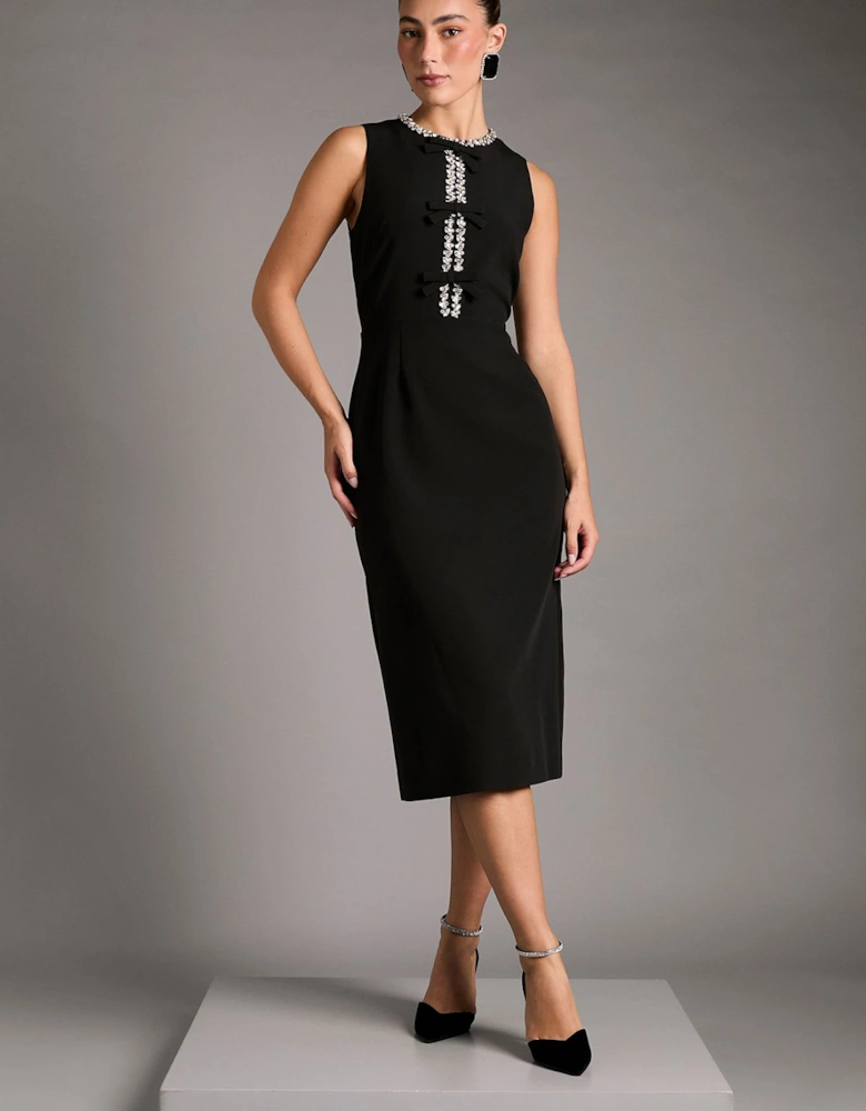 Sleeveless Crepe Midi Dress With Diamante Bow Detail