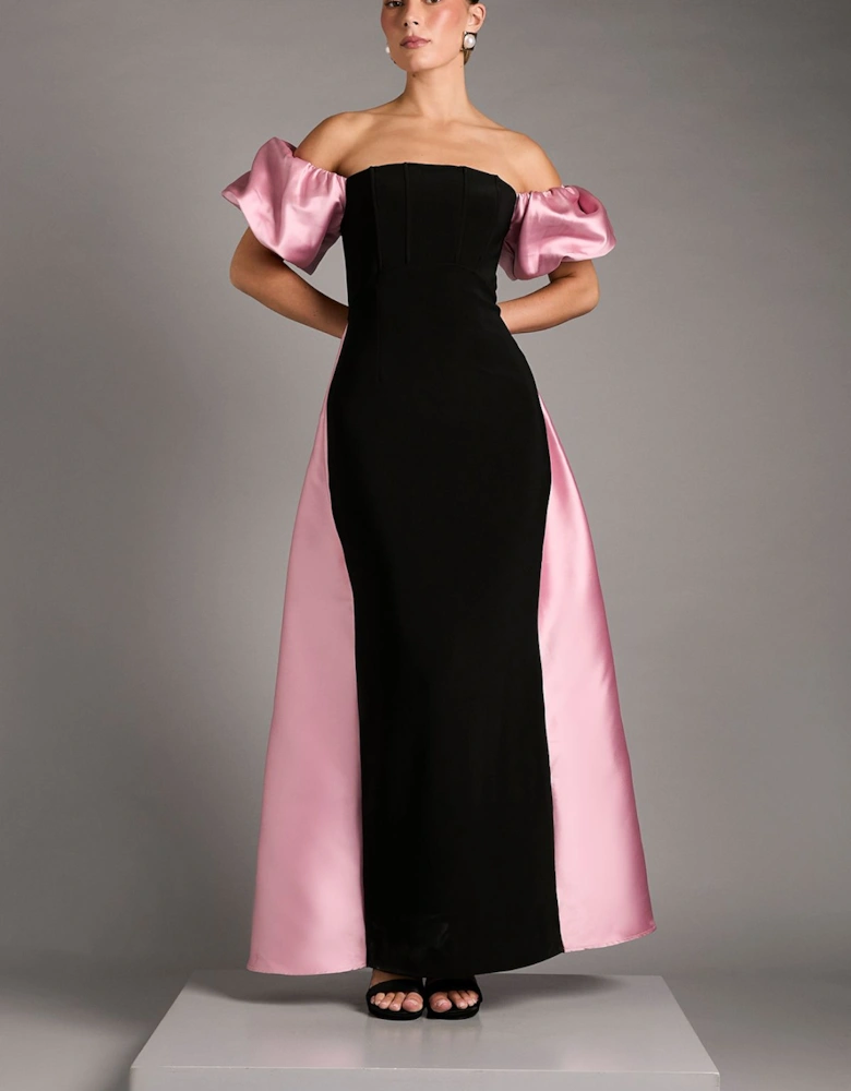 Bardot Puff Sleeve Strapless Maxi Dress with Full Skirt Back Detail