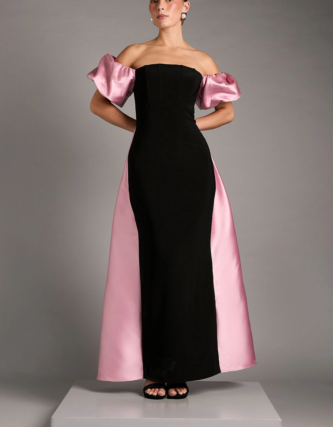 Bardot Puff Sleeve Strapless Maxi Dress with Full Skirt Back Detail, 2 of 1