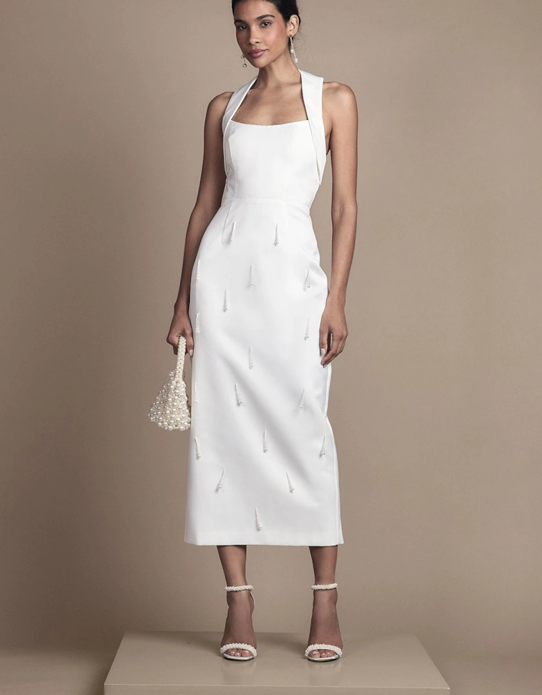 Halter Satin Midi Bridal Dress With Pearl