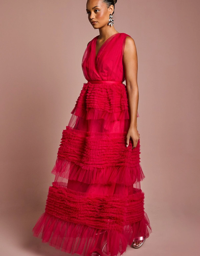 Petite Sleeveless Mesh Tiered Maxi Dress