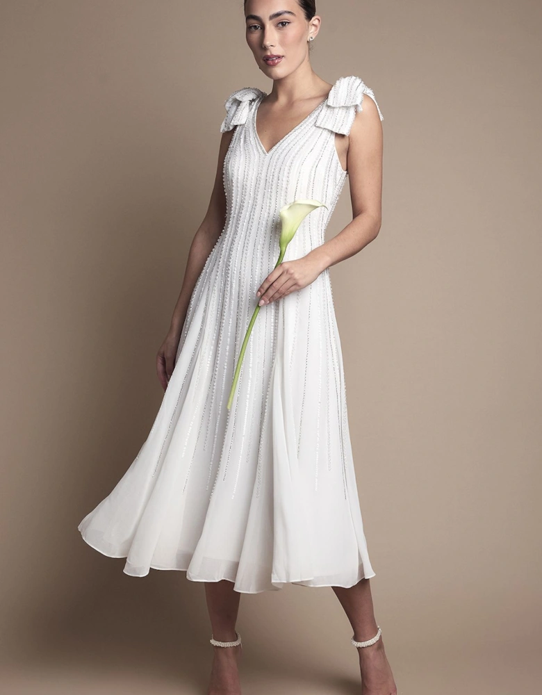 Bow Shoulder Embellished Midi Dress