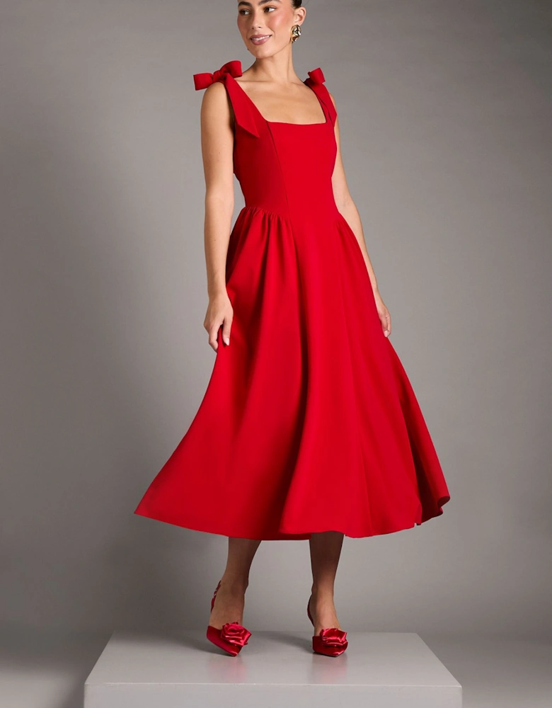 Sleeveless Crepe Midi Dress With Bow Detail Straps