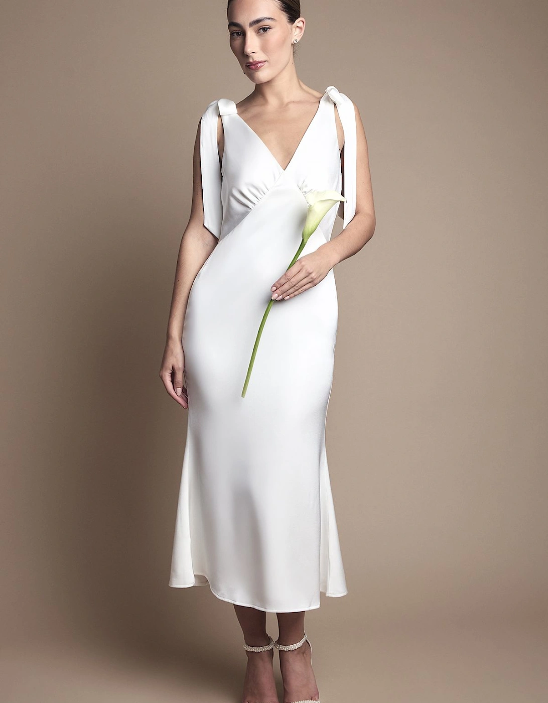 Satin Back Crepe Tie Shoulder Midi Bridesmaids Dress, 2 of 1