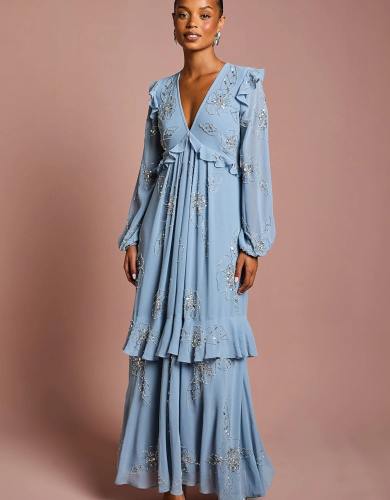 Petite V Neck Long Sleeve Embellished Flower Tiered Georgette Midi Dress