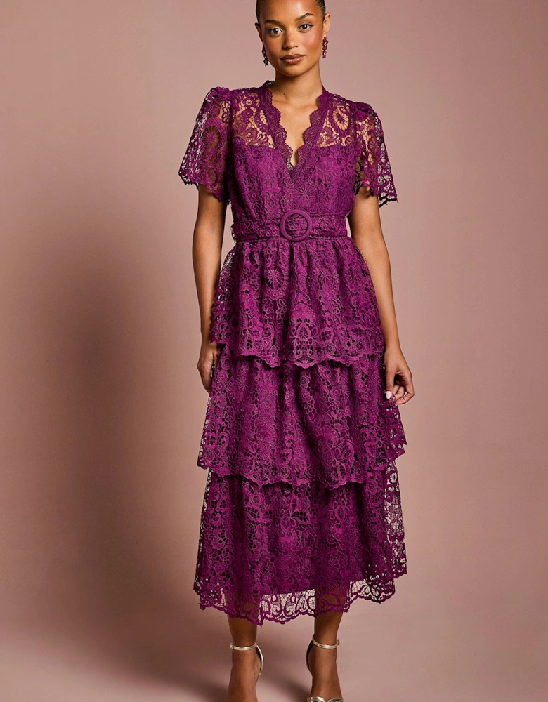 Petite Short Sleeve V Neck Tiered Lace Midi Dress