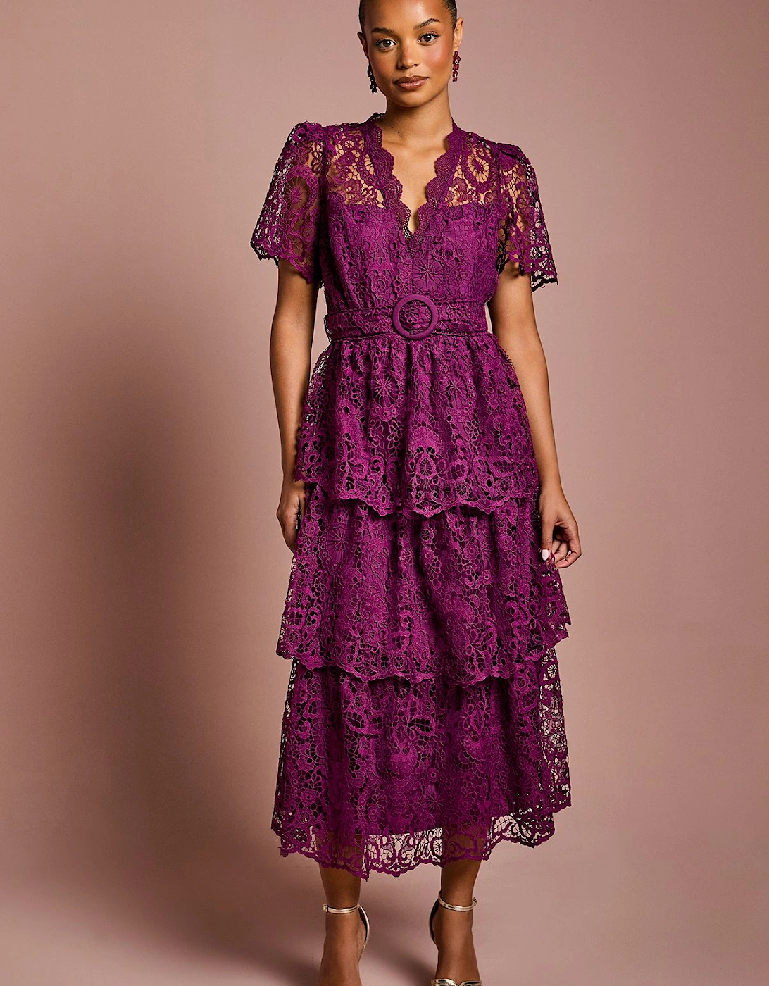 Petite Short Sleeve V Neck Tiered Lace Midi Dress, 2 of 1