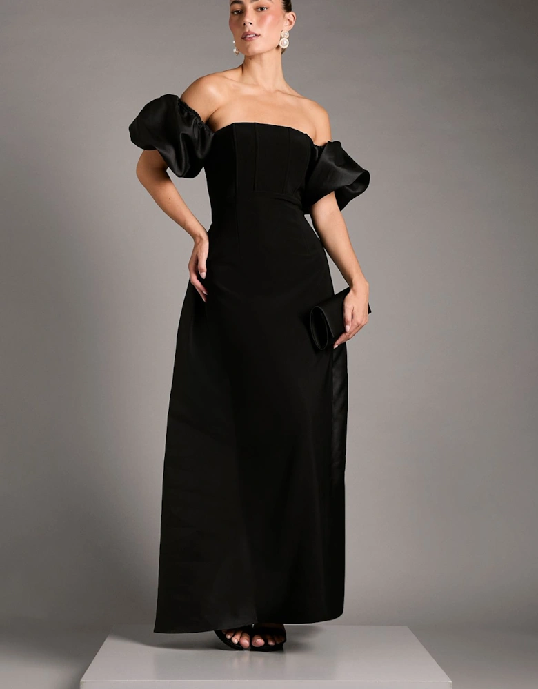Bardot Puff Sleeve Strapless Maxi Dress with Full Skirt Back Detail
