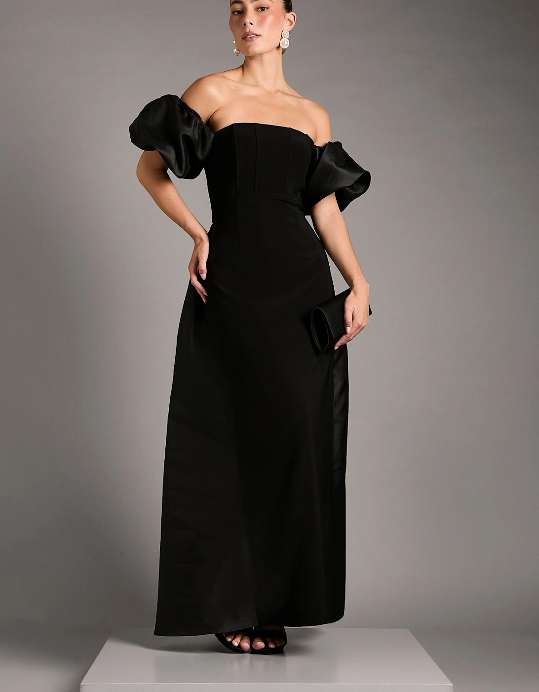 Bardot Puff Sleeve Strapless Maxi Dress with Full Skirt Back Detail, 2 of 1