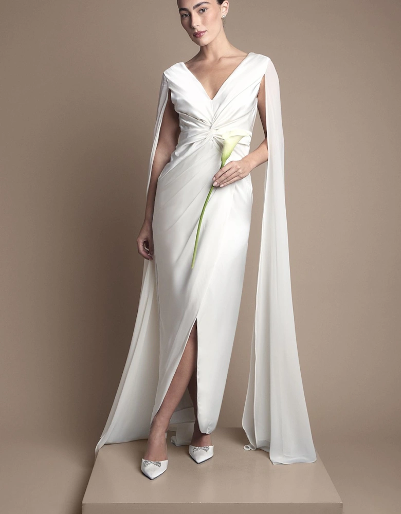 Satin Cape Sleeve Maxi Bridal Dress