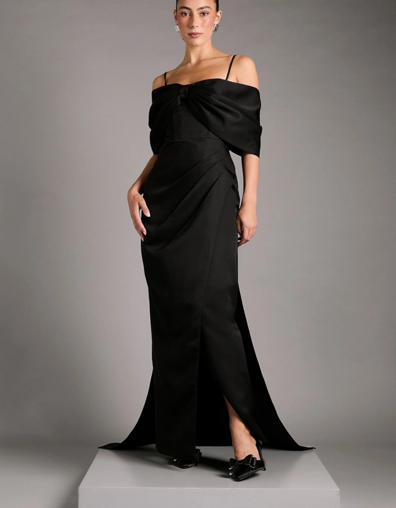 Bardot Satin Dress With Bow Back Detail