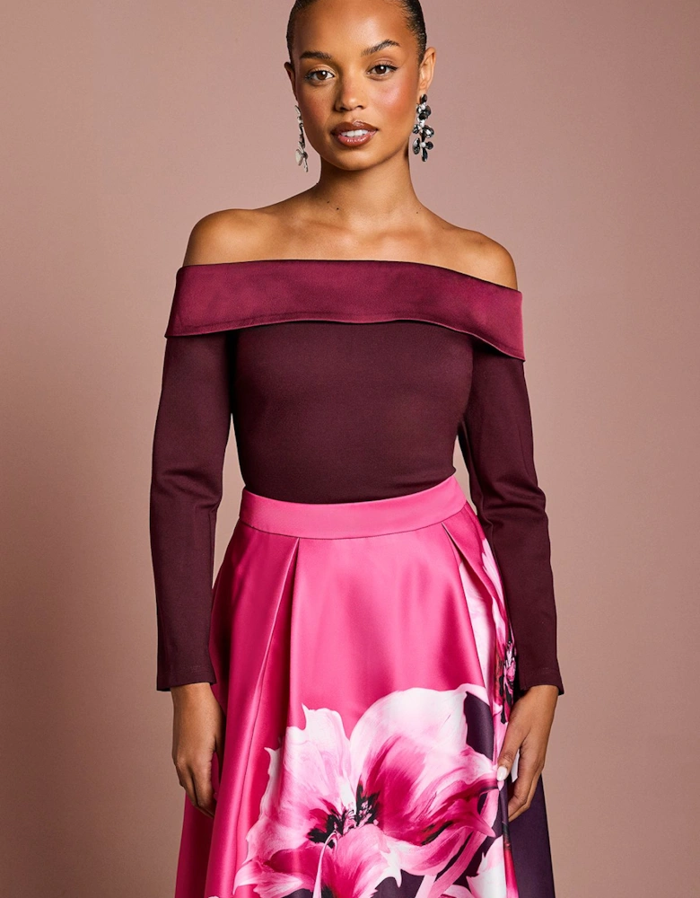 Petite Satin Bardot Compact Crepe Long Sleeve Top