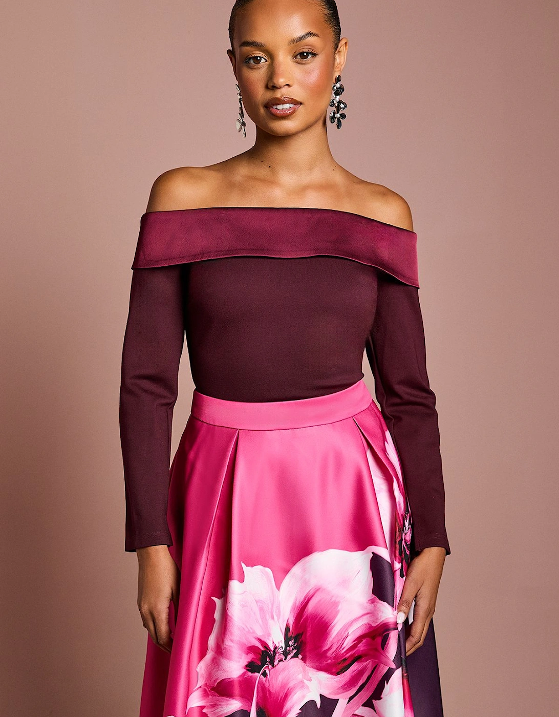 Petite Satin Bardot Compact Crepe Long Sleeve Top, 2 of 1