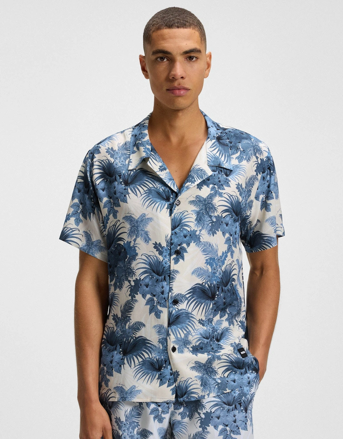 BOSS Orange Mens Short Sleeve Floral Print Beach Shirt - Open Blue 483, 2 of 1