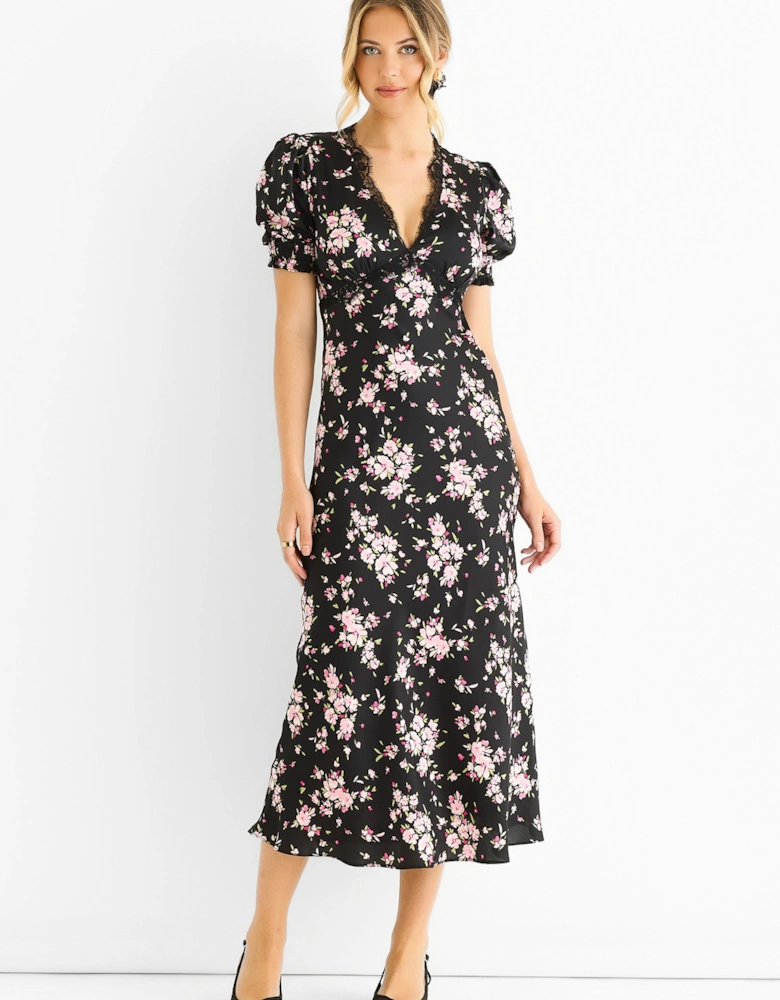 Black Floral Lace Trim Bias Midi Dress