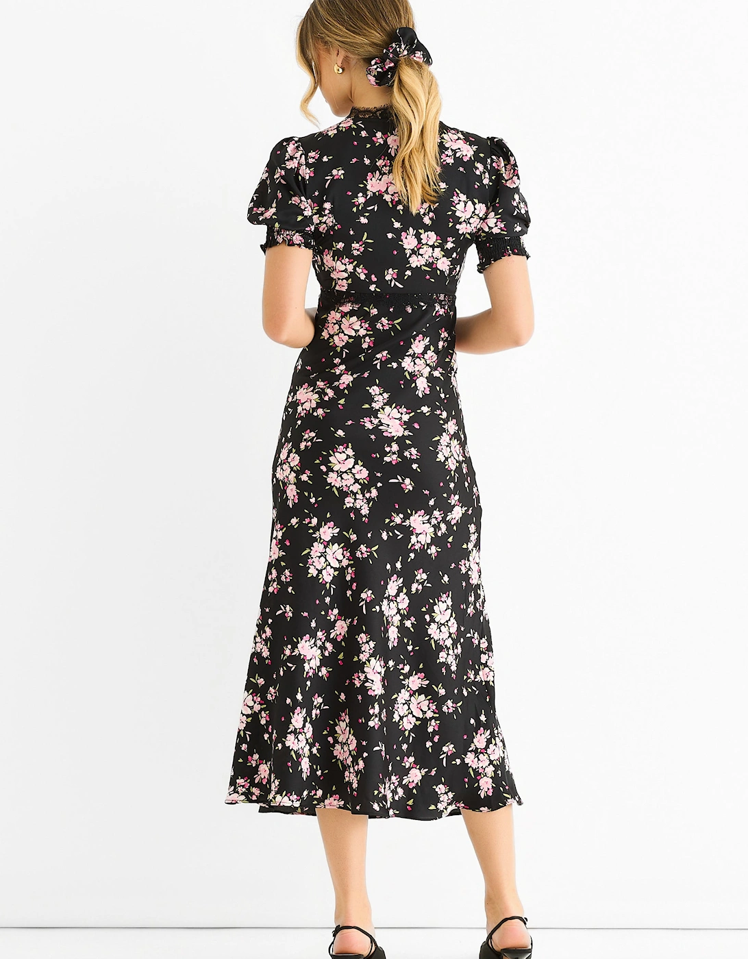 Black Floral Lace Trim Bias Midi Dress
