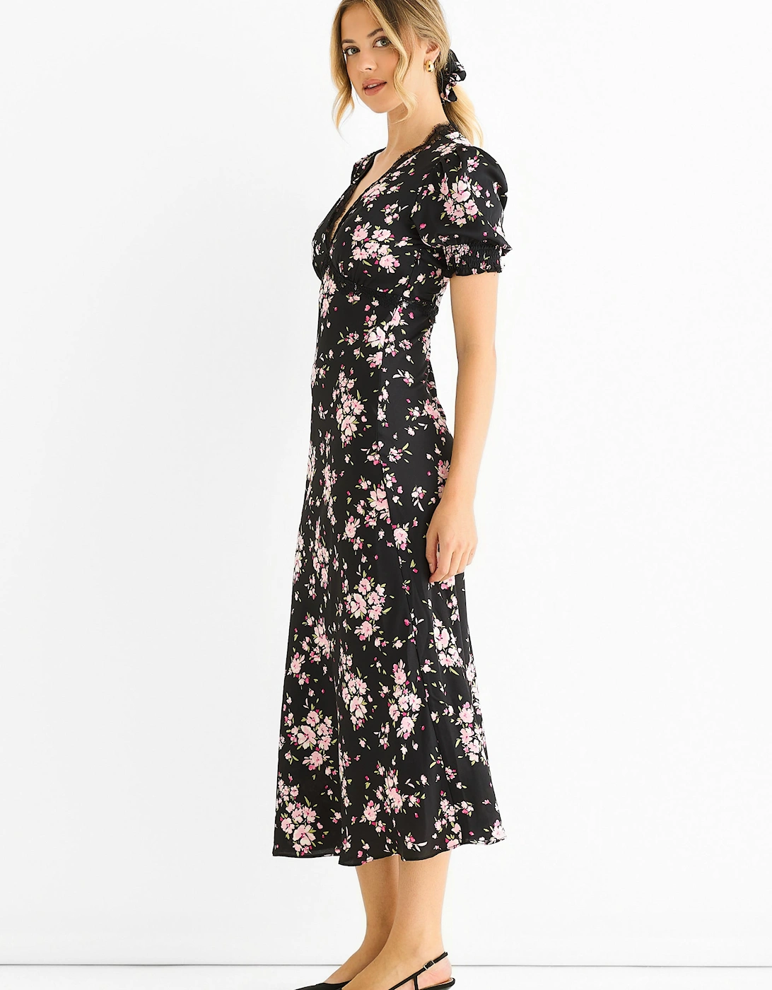Black Floral Lace Trim Bias Midi Dress