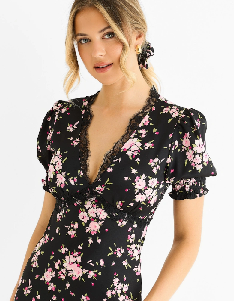 Black Floral Lace Trim Bias Midi Dress