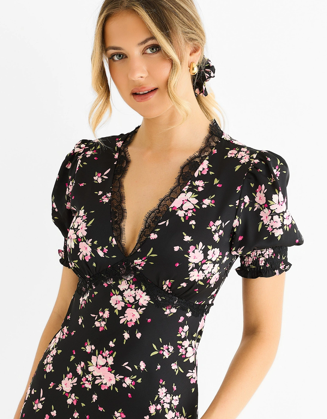 Black Floral Lace Trim Bias Midi Dress