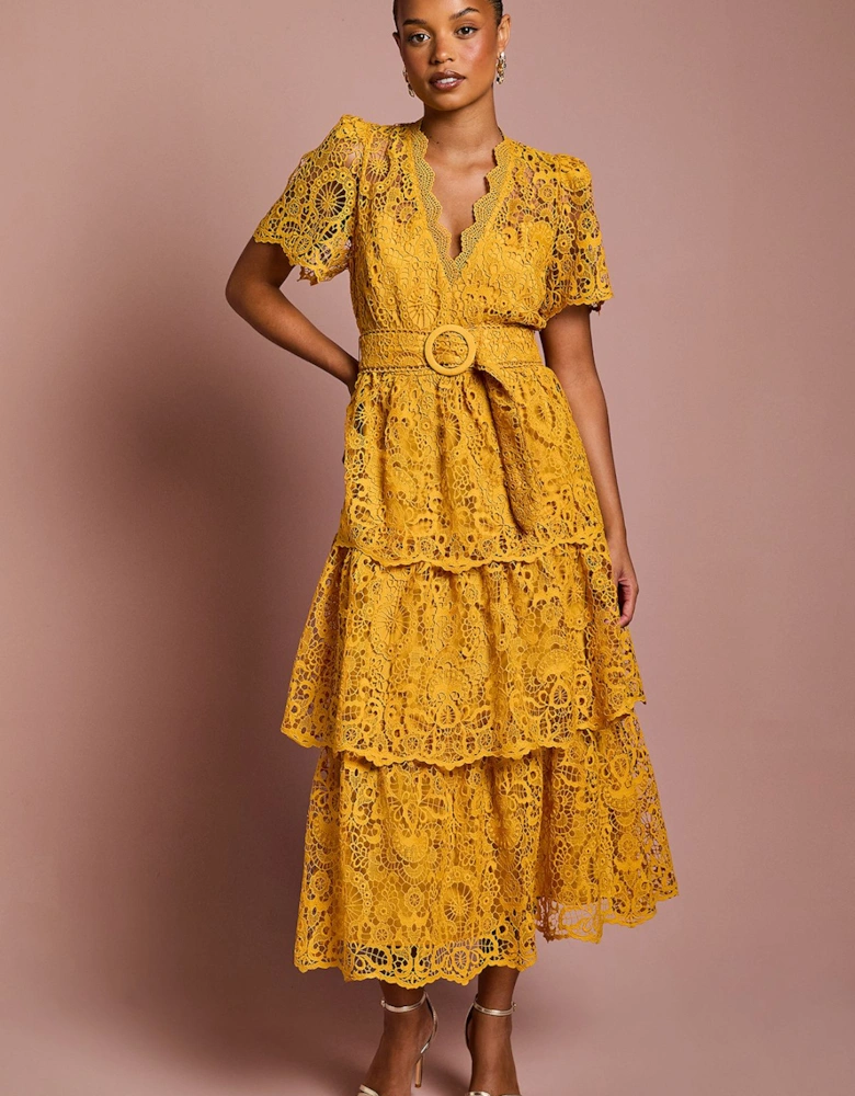 Petite Short Sleeve V Neck Tiered Lace Midi Dress