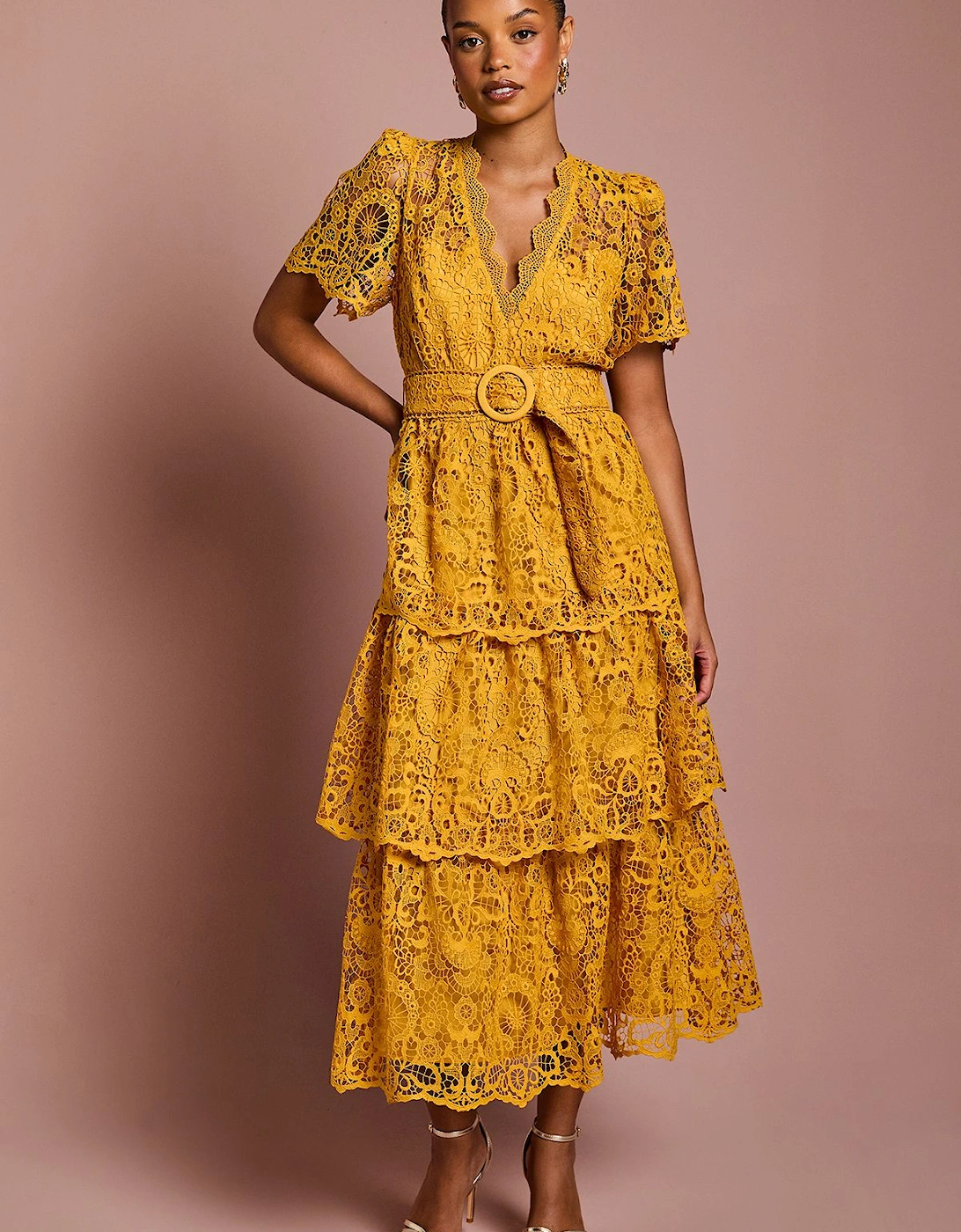 Petite Short Sleeve V Neck Tiered Lace Midi Dress, 2 of 1