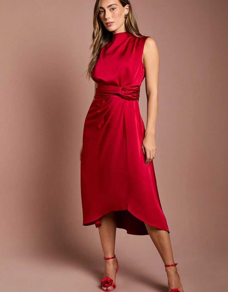 Satin Midi Dress With Twist Waist