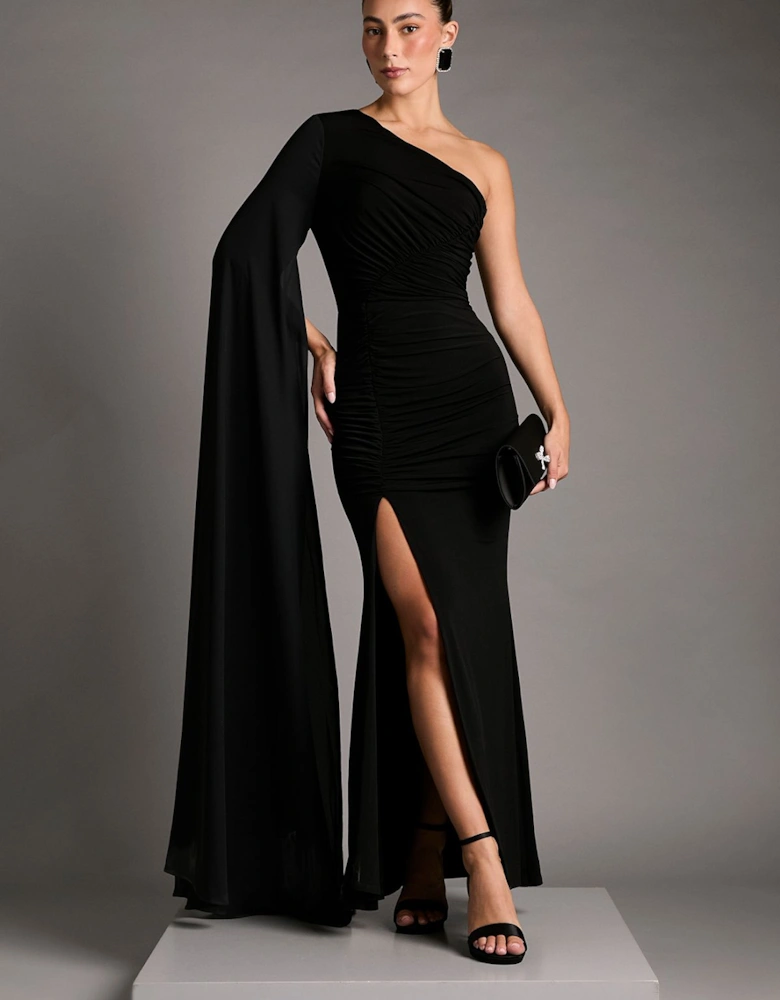 One Shoulder Slinky Maxi Dress with Ruched Detailing