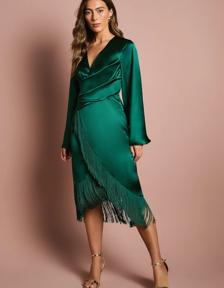 Satin Fringe Hem Wrap Waist Midi Dress