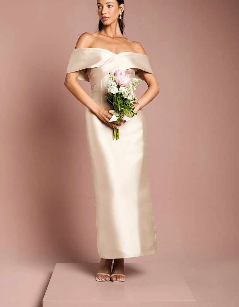 Twill Bardot Pleat Detail Column Detail Maxi Bridesmaids Dress