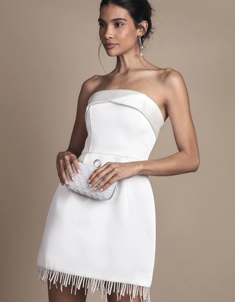 Strapless Satin Mini Wedding Dress with Hem Pearl Trim