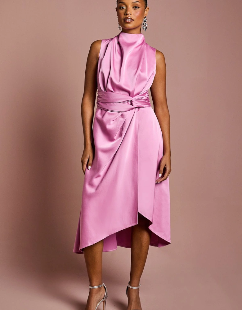 Petite Satin Midi Dress With Twist Waist