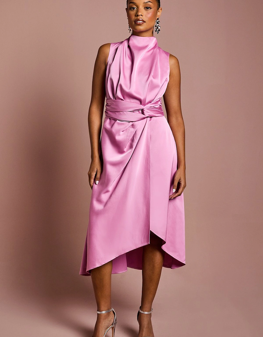Petite Satin Midi Dress With Twist Waist, 2 of 1