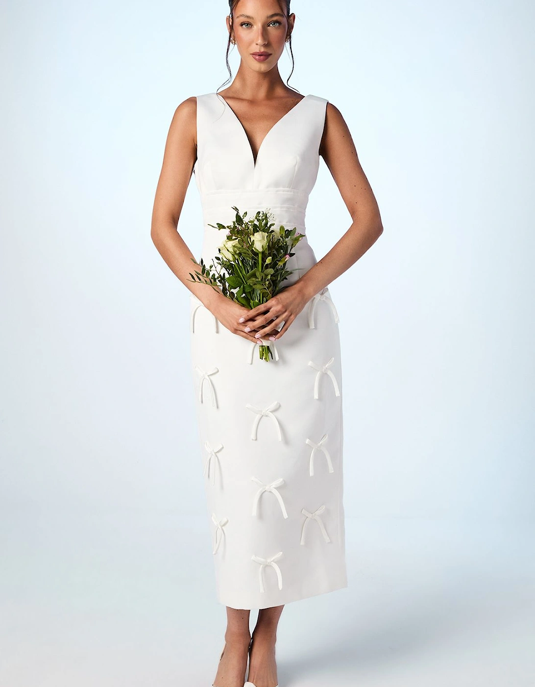 Bow Detail Satin Midi Wedding Dress, 2 of 1