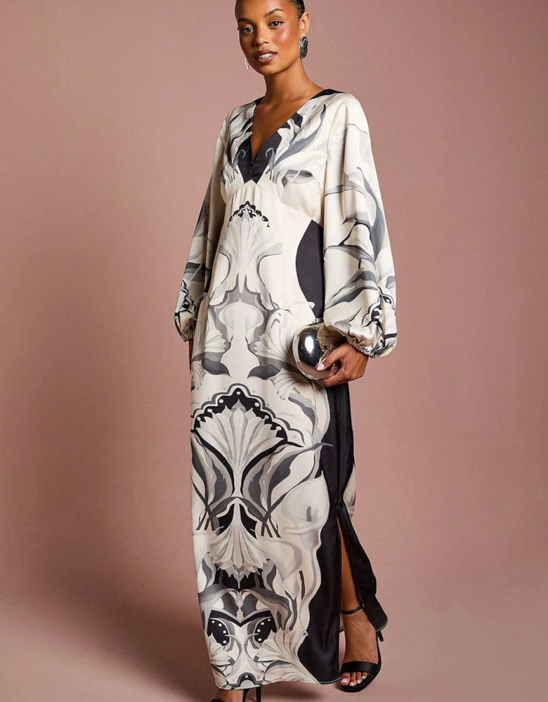 Petite Long Sleeve Placement Print Midi Dress