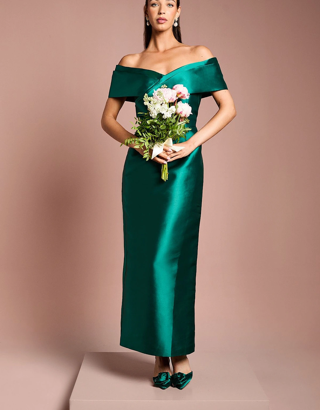 Twill Bardot Pleat Detail Column Detail Maxi Bridesmaids Dress, 2 of 1