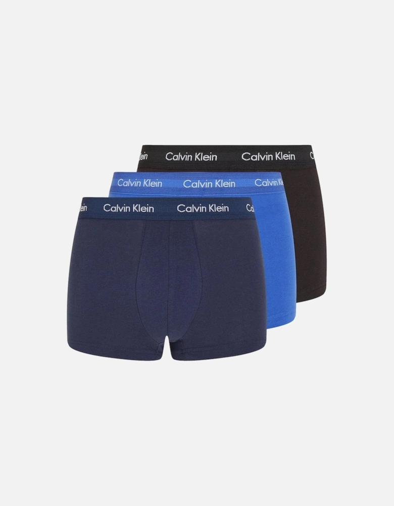 3-Pack Low-Rise Cotton Stretch Boxer Trunks, Navy/Black/Blue