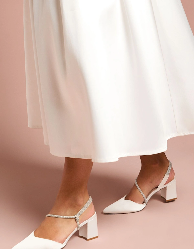 Wide Fit Deyla Bridal Satin Diamante Asymmetric Strap High Block Heel Court Shoes